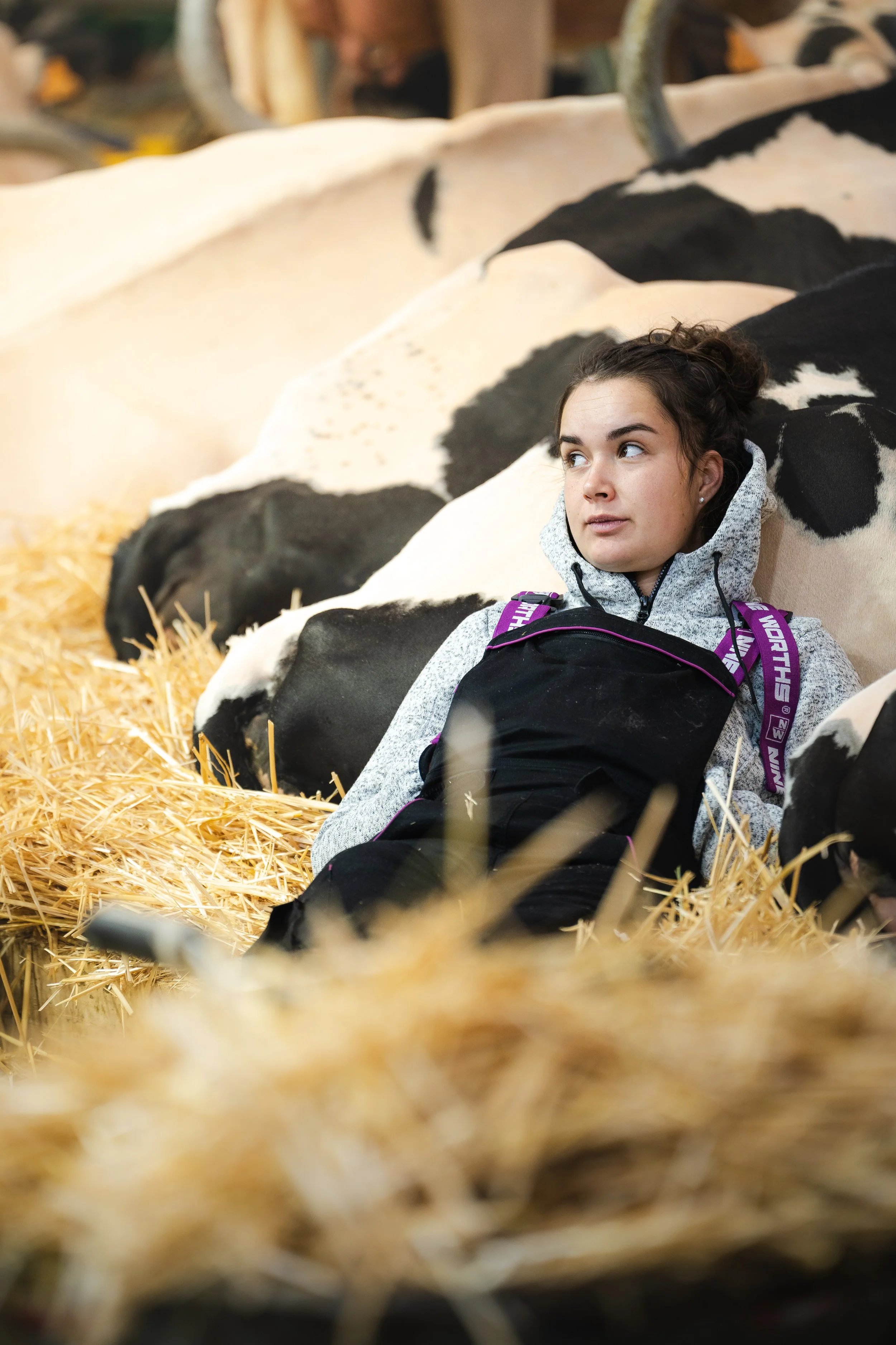 Éleveuse assise dans la paille près d'une vache