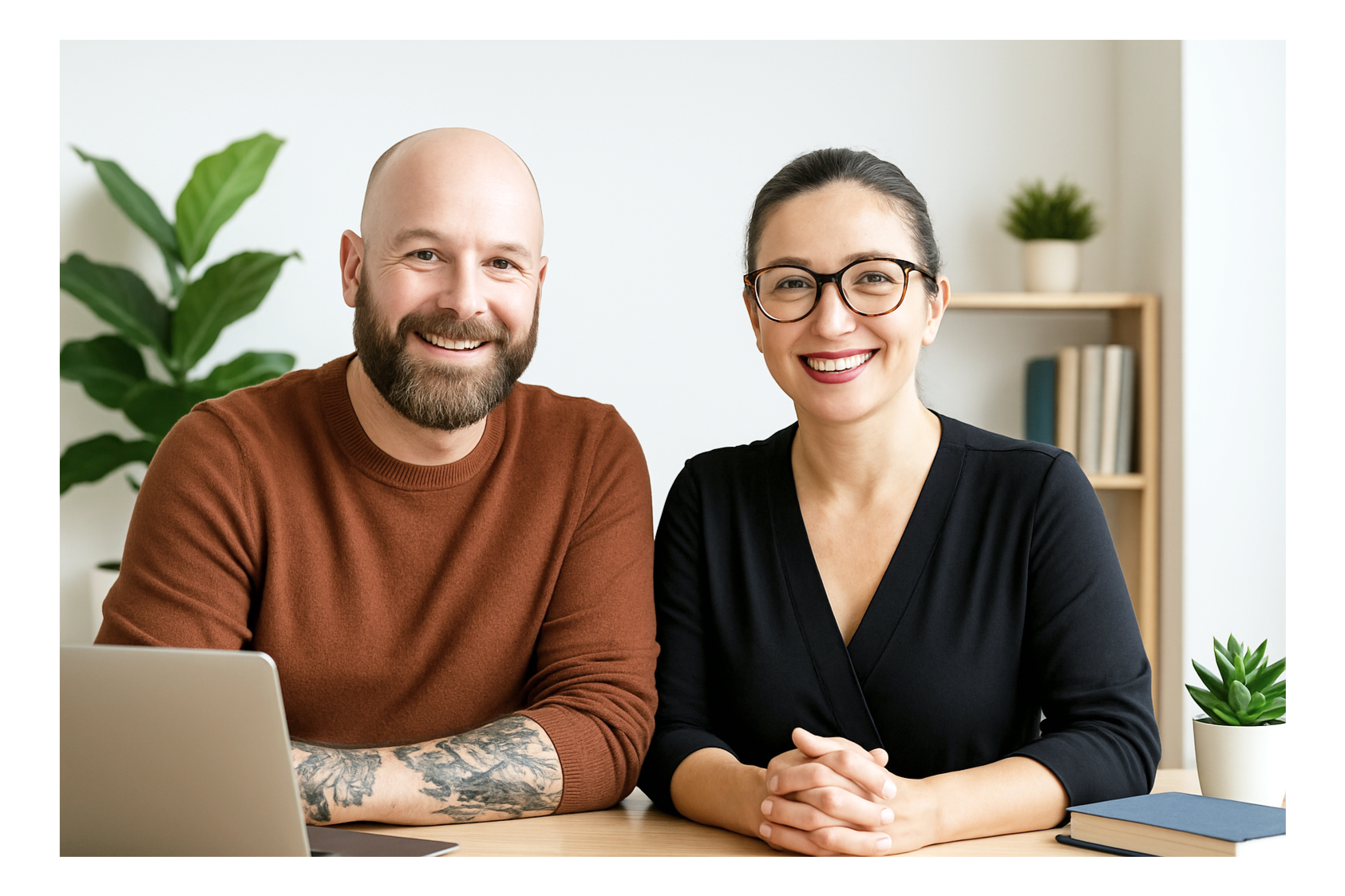 A smiling man with a beard and tattoo on his arm, and a smiling woman with glasses, sitting at a table with a laptop and a notebook in a well-lit room with plants and books in the background.