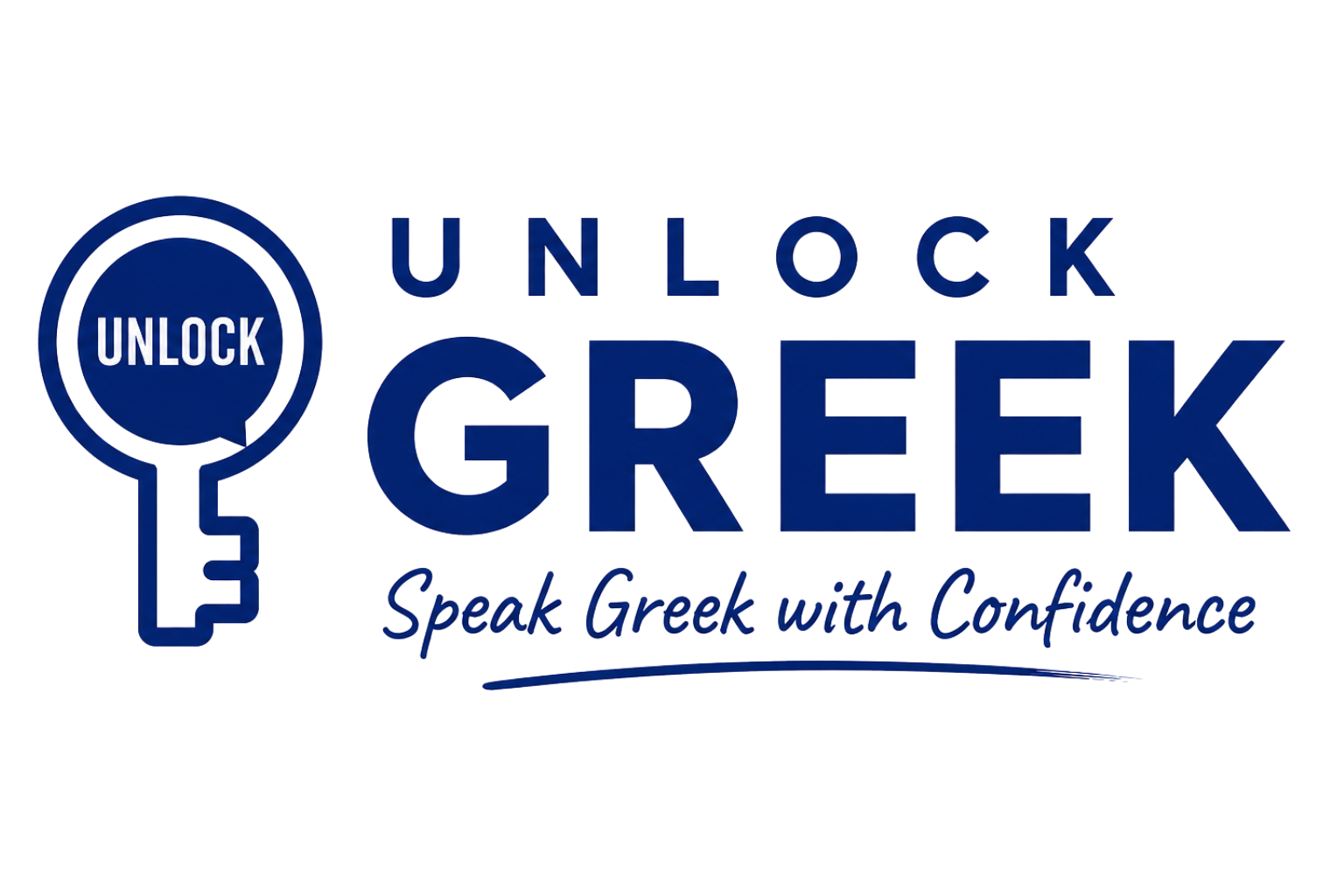 A logo with a key silhouette and the word 'Unlock' inside it, alongside the phrases 'Unlock Greek' and 'Speak Greek with Confidence'.
