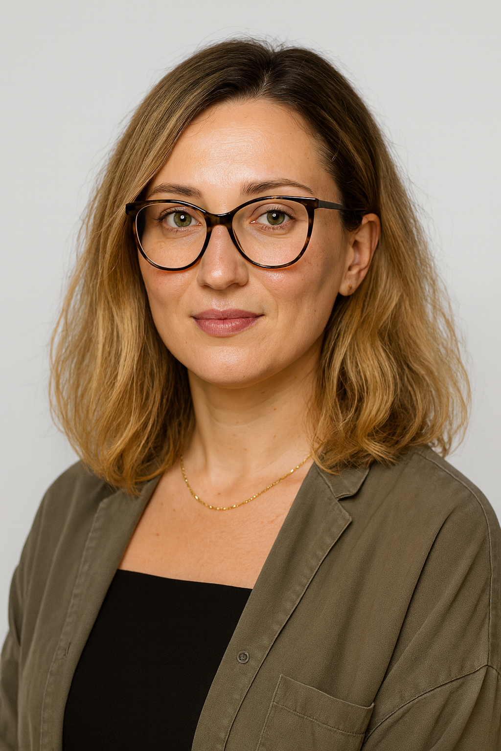 A woman with shoulder-length blonde hair, wearing glasses, a black top, an olive green jacket, and a gold necklace, standing against a plain gray background.