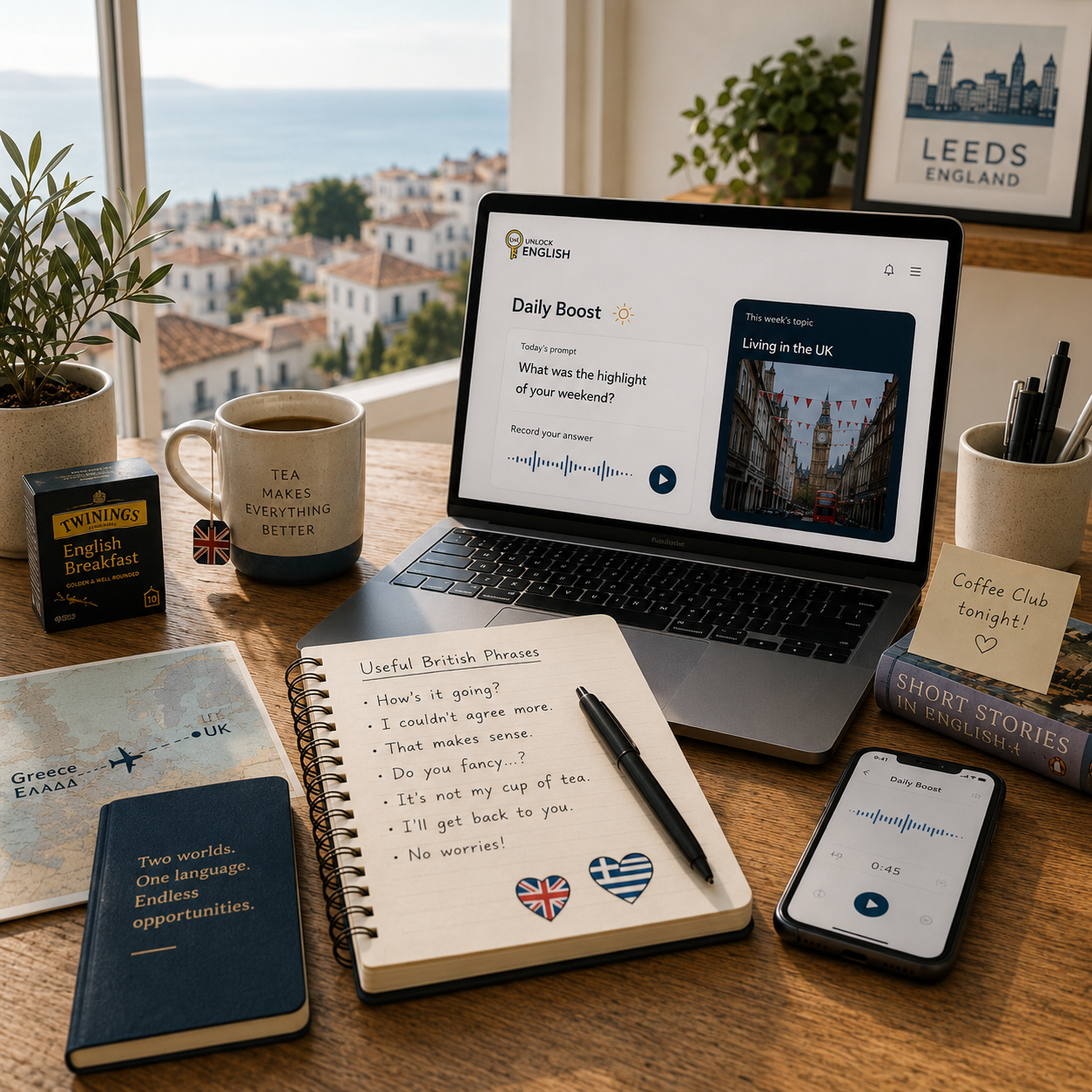 A workspace with a laptop displaying an online English learning platform, a notebook with British phrases, a smartphone with an audio recording, a coffee mug with the phrase 'Tea makes everything better', a tea box, a potted plant, a framed picture of Leeds, England, and books including 'Short Stories in English'. There is also a map of Greece and the UK, a note that says 'Coffee Club tonight!', and some pens.