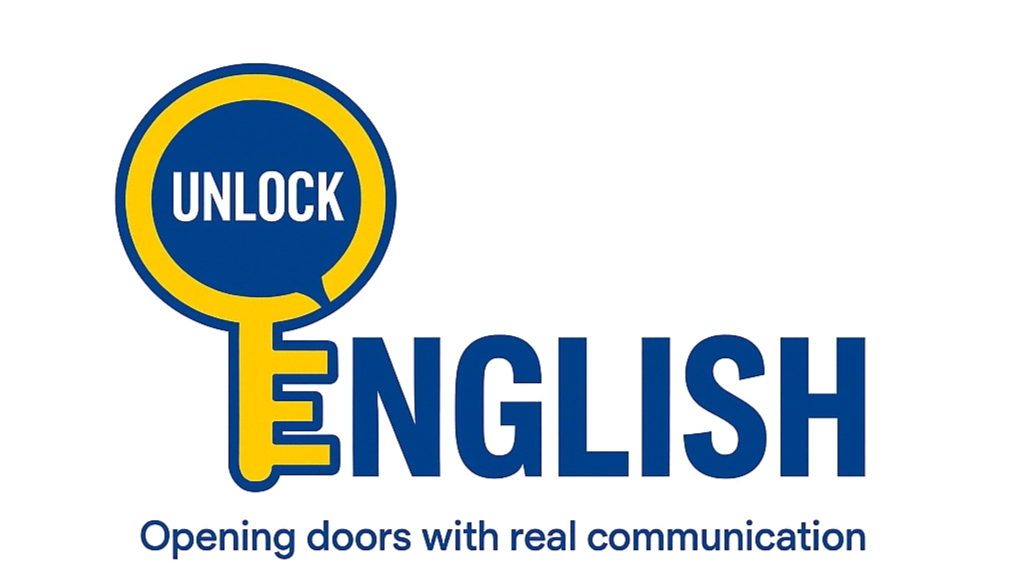 Graphic with a large yellow key and speech bubble containing the word 'UNLOCK'. The word 'ENGLISH' is prominently displayed, and text below reads 'Opening doors with real communication'.