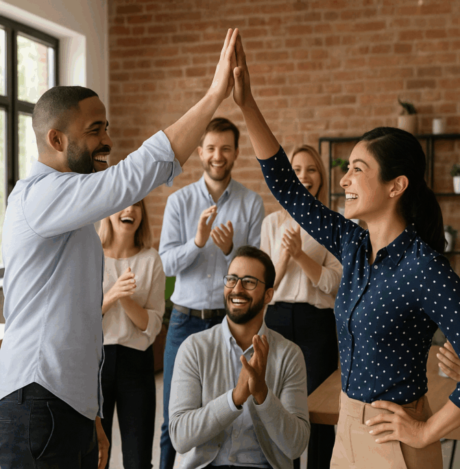 Group of colleagues celebrating with a high five in an office.