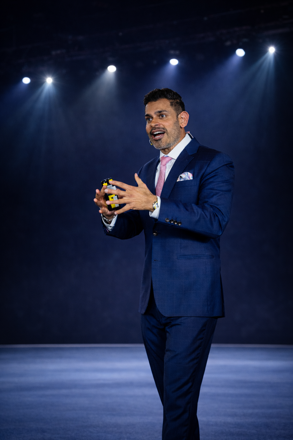 A man in a blue suit, pink tie, and white shirt giving a presentation on a stage with spotlights.