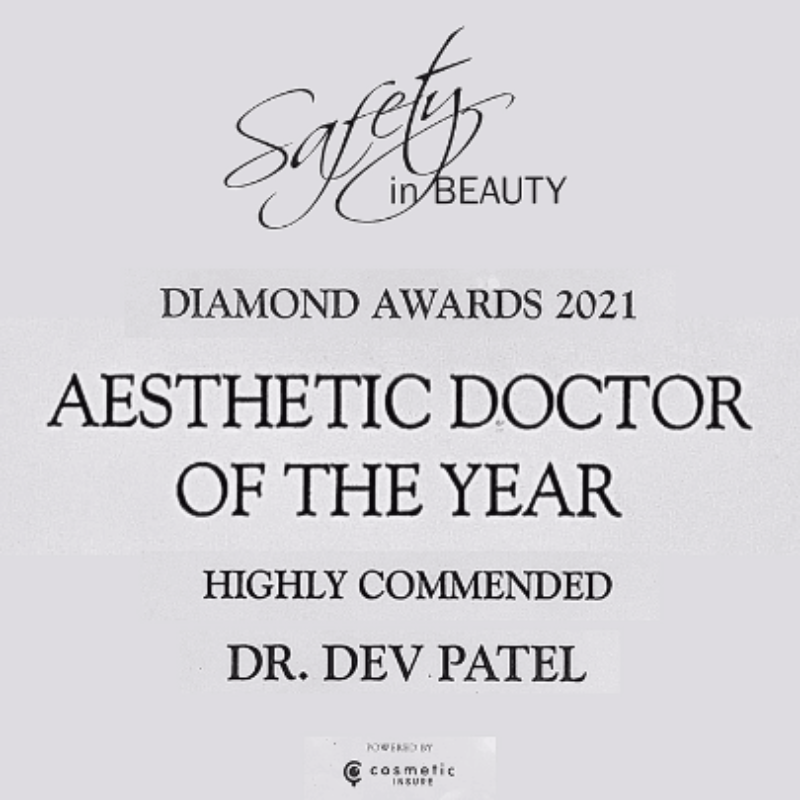 Award certificate for the Diamond Awards 2021, titled "Safety in Beauty," recognizing Dr. Dev Patel as the Highly Commended Aesthetic Doctor of the Year, sponsored by Cosmic Insure.