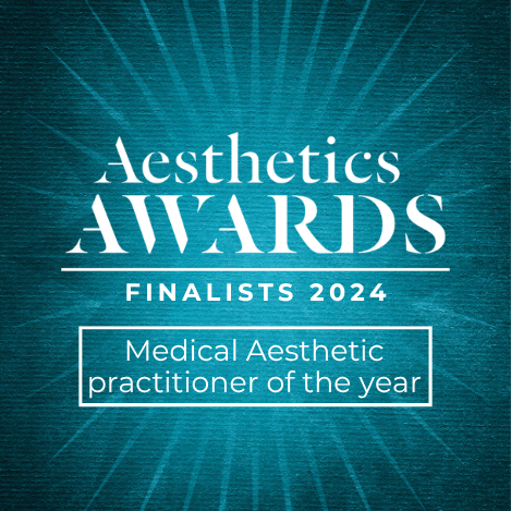 A digital graphic featuring an award announcement for the Aesthetics Awards 2024, recognizing finalists, with a focus on Medical Aesthetic Practitioner of the Year.
