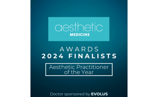 A graphic announcing the 2024 finalists for the Aesthetic Practitioner of the Year award at the Aesthetic Medicine Awards, sponsored by Evolus