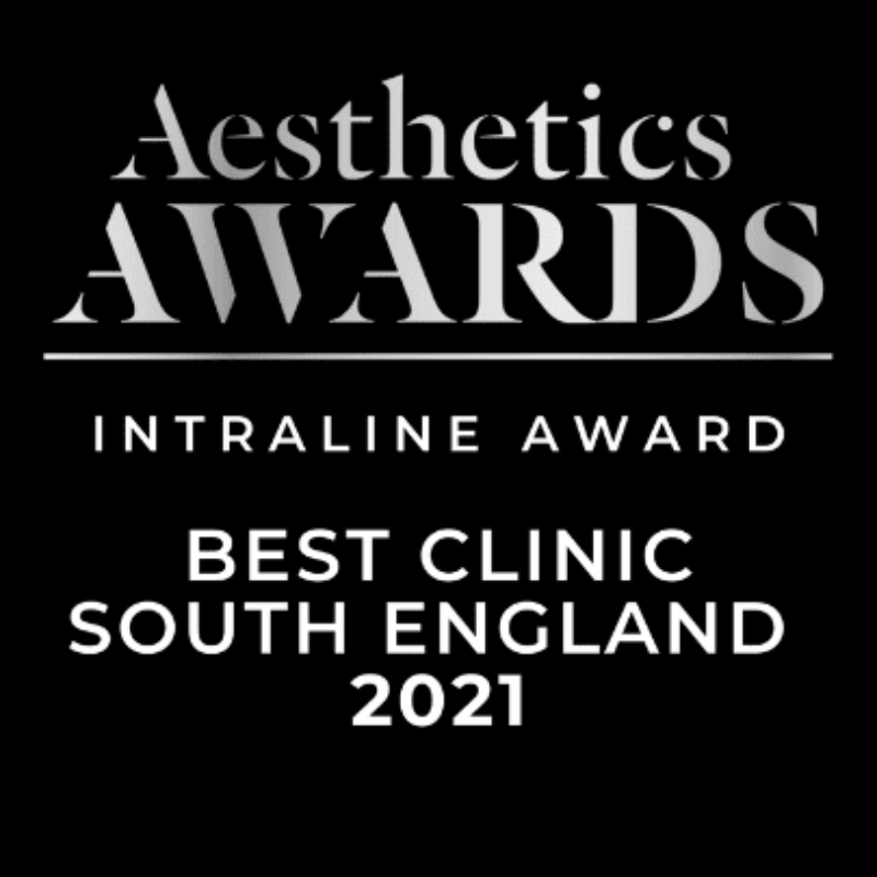 Award announcement for the 2021 Aesthetics Awards, recognizing the Best Clinic in South England, with a black background and white text.