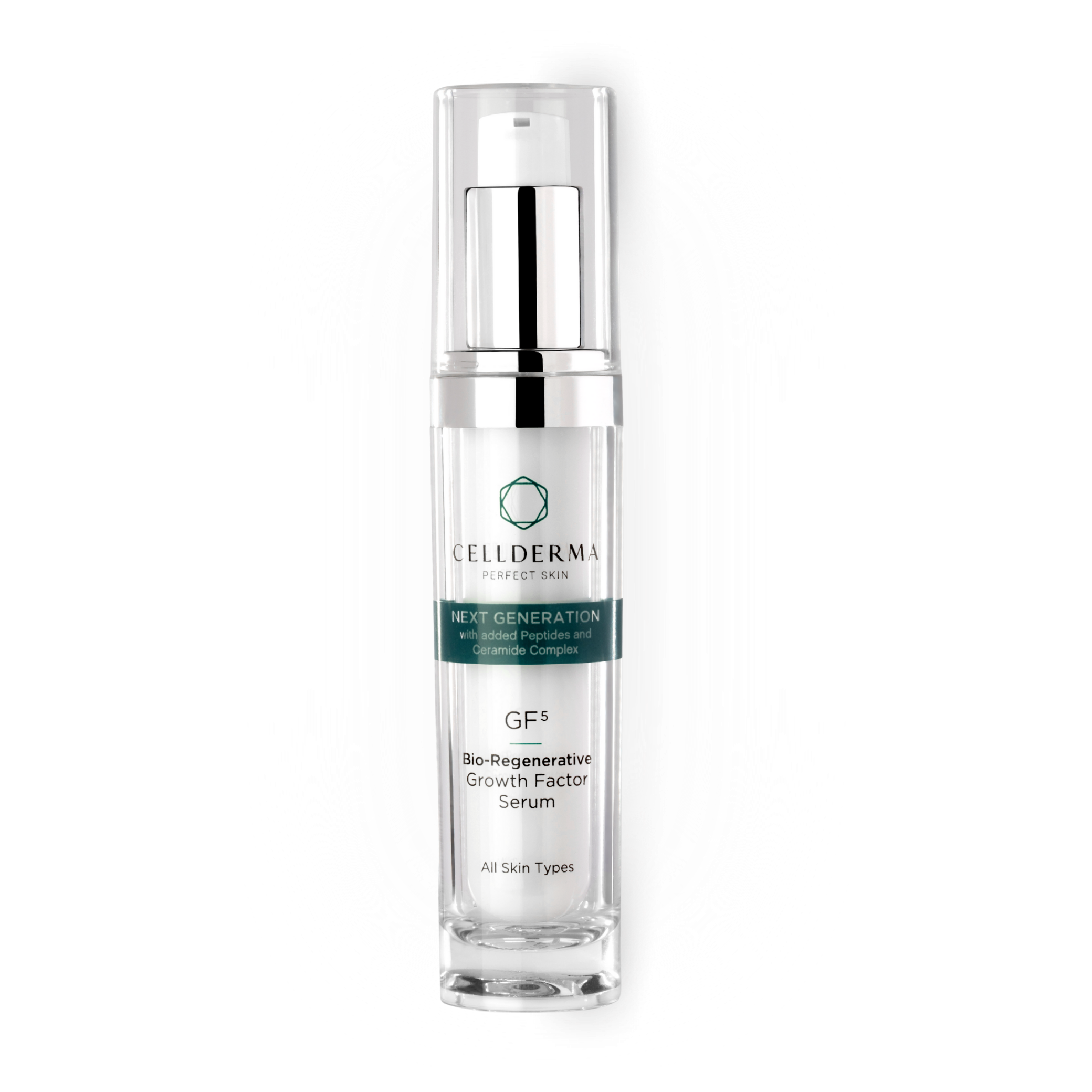 A clear glass bottle of Cellderma GF5 Next Generation serum with nine peptides and ceramide complex, designed for all skin types.