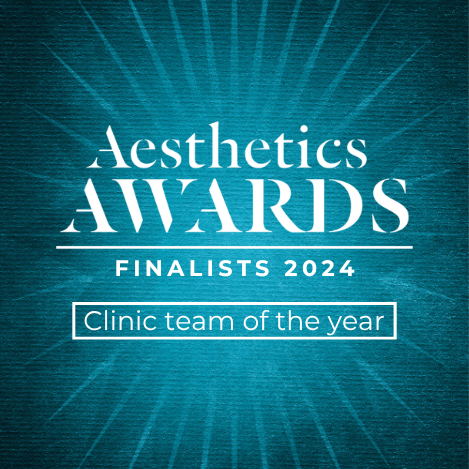 Blue award plaque for aesthetics awards 2024, finalist in the clinic team of the year category.