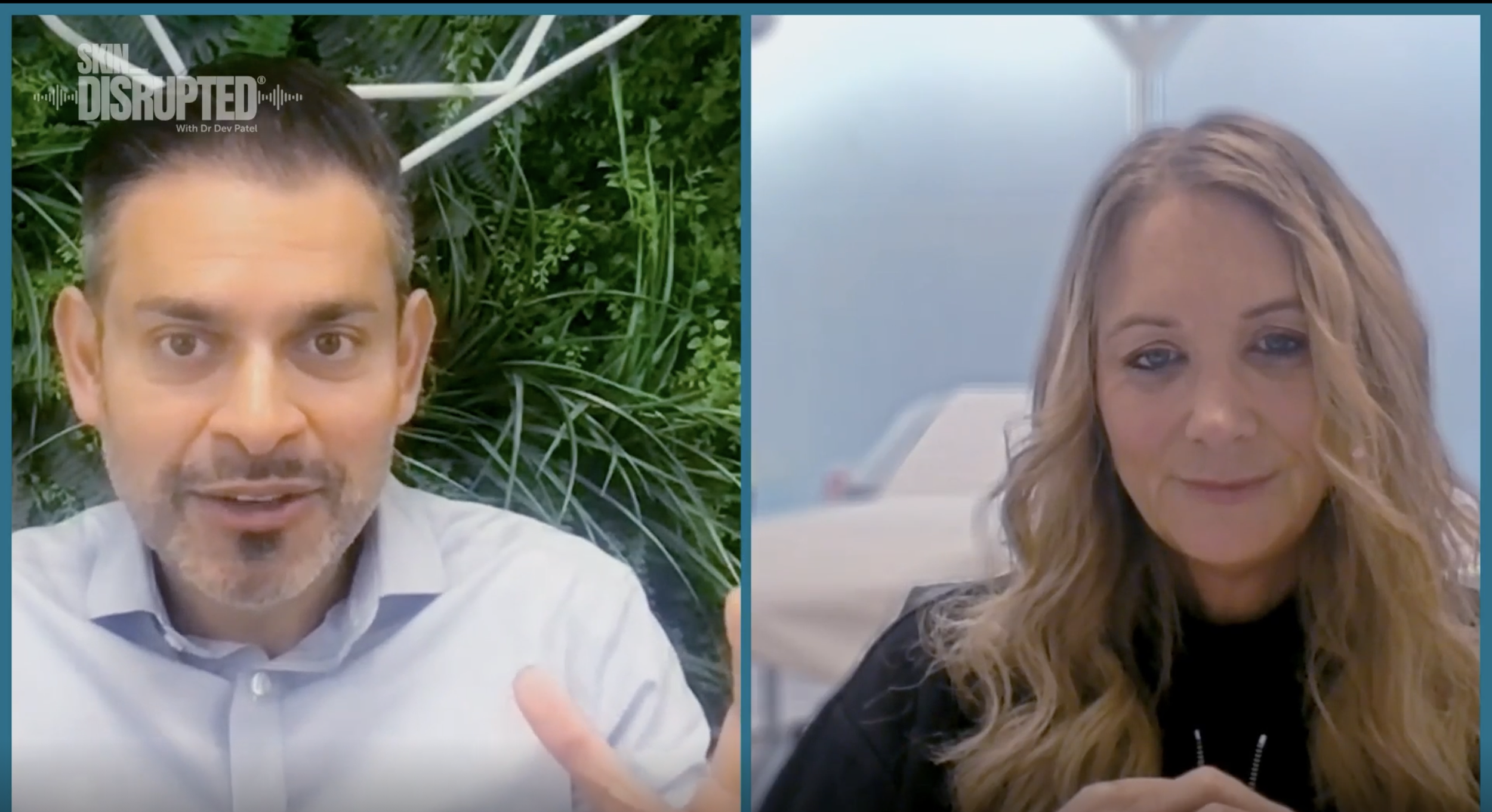 A split-screen video call showing a man with short dark hair and a woman with long wavy blonde hair, both looking into the camera and engaging in a conversation. The background behind the man features green plants, while the woman's background shows a light blue sky and possibly an outdoor setting.