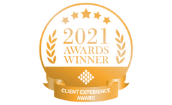 Gold award badge with the text '2021 Awards Winner' and 'Client Experience Award', featuring stars and laurel wreaths.