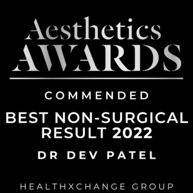 A black background with white text reading 'Aesthetics Awards Commended Best Non-Surgical Result 2022 Dr. Dev Patel, HealthXChange Group.'