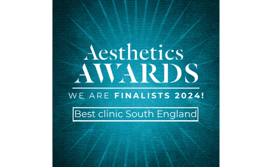 An award announcement poster with a glowing blue background, stating 'Aesthetics Awards, We are finalists 2024! Best clinic South England.'