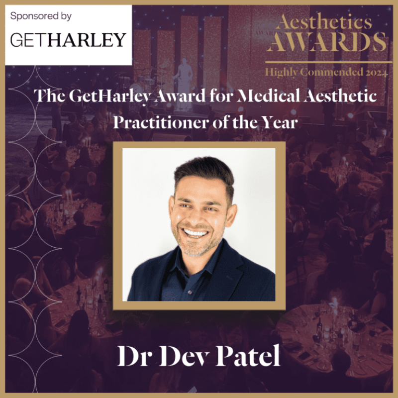 Award announcement for Dr. Dev Patel at the GetHarley Aesthetics Awards 2024, recognizing him as the Medical Aesthetic Practitioner of the Year, with a background of an audience at a formal event.