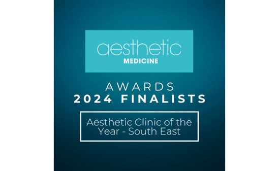 Digital graphic displaying awards announcement for aesthetic medicine, highlighting 2024 finalists and recognizing the Aesthetic Clinic of the Year - South East.