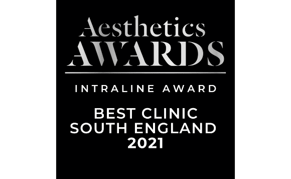Black award plaque with silver text that reads 'Aesthetics Awards, Intraline Award, Best Clinic South England 2021'.