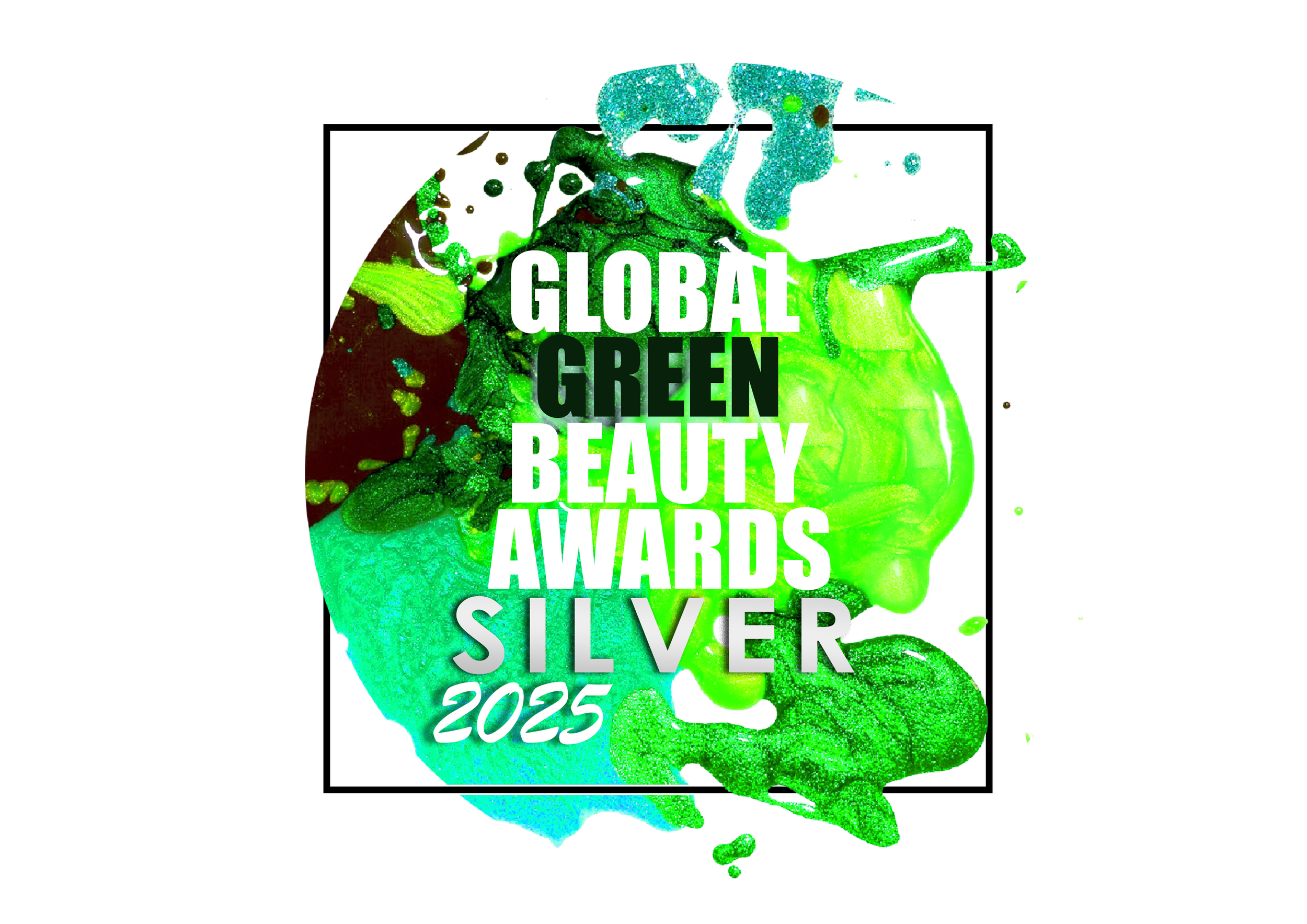 Design for the 2025 Global Green Beauty Awards featuring a green and blue liquid splash with white text overlaid.