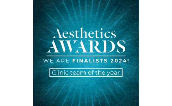 Blue award plaque for aesthetics awards 2024, finalist in the clinic team of the year category.