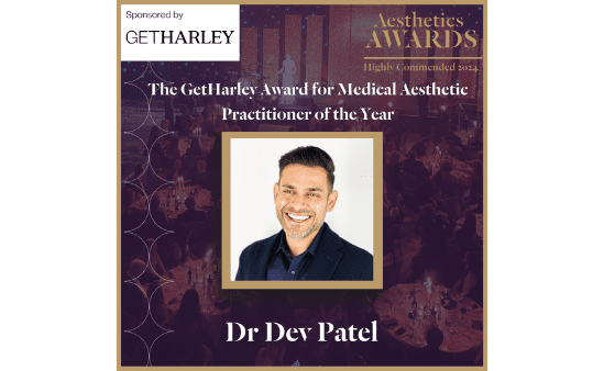 Award announcement for Dr. Dev Patel, recipient of the GetHarley Award for Medical Aesthetic Practitioner of the Year, at the Aesthetics Awards.
