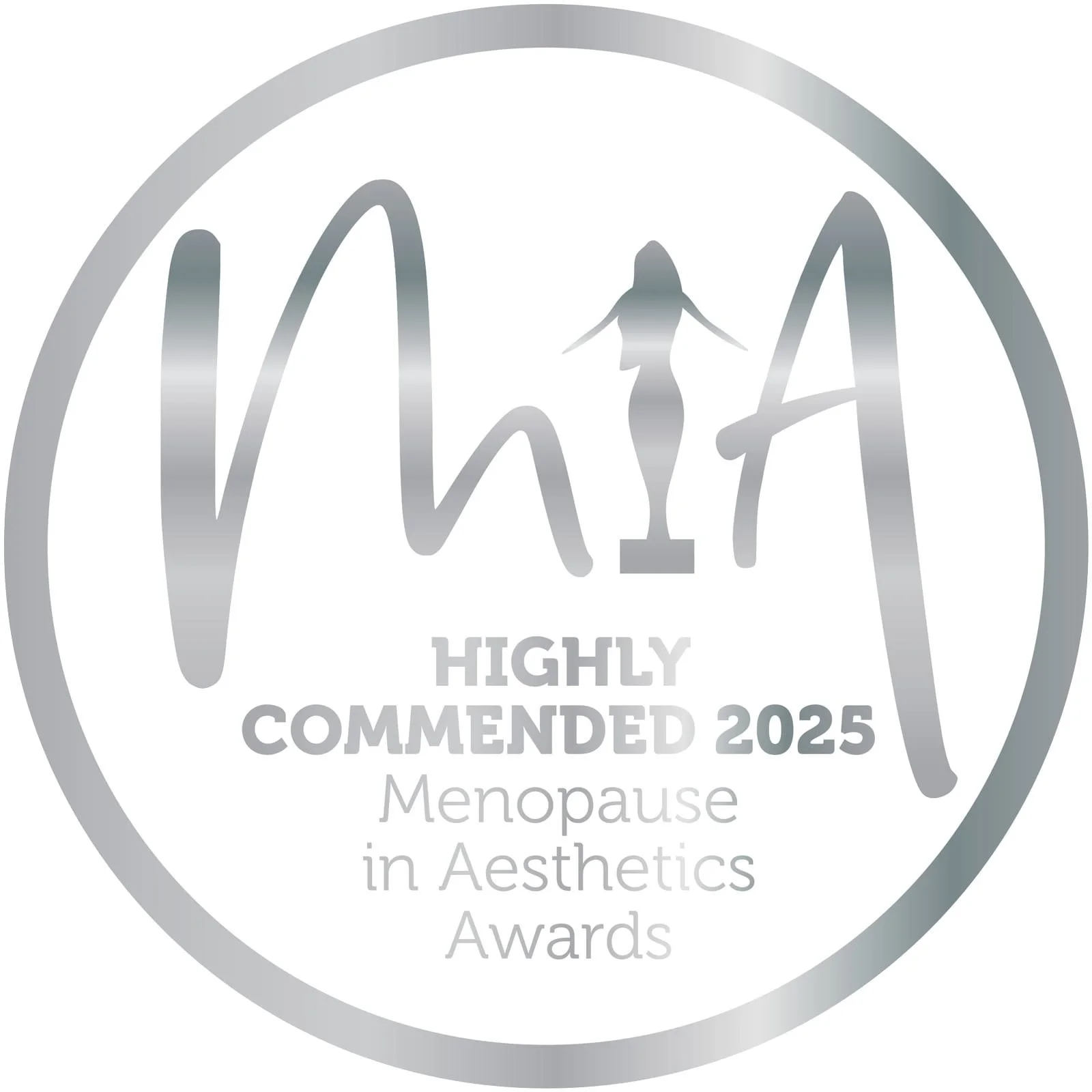 A badge with the text 'Highly Recommended 2025' and a stylized silhouette of a woman in the center, indicating an award for menopause in aesthetics.