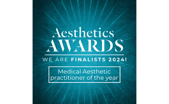A digital graphic featuring an award announcement for the Aesthetics Awards 2024, recognizing finalists, with a focus on Medical Aesthetic Practitioner of the Year.