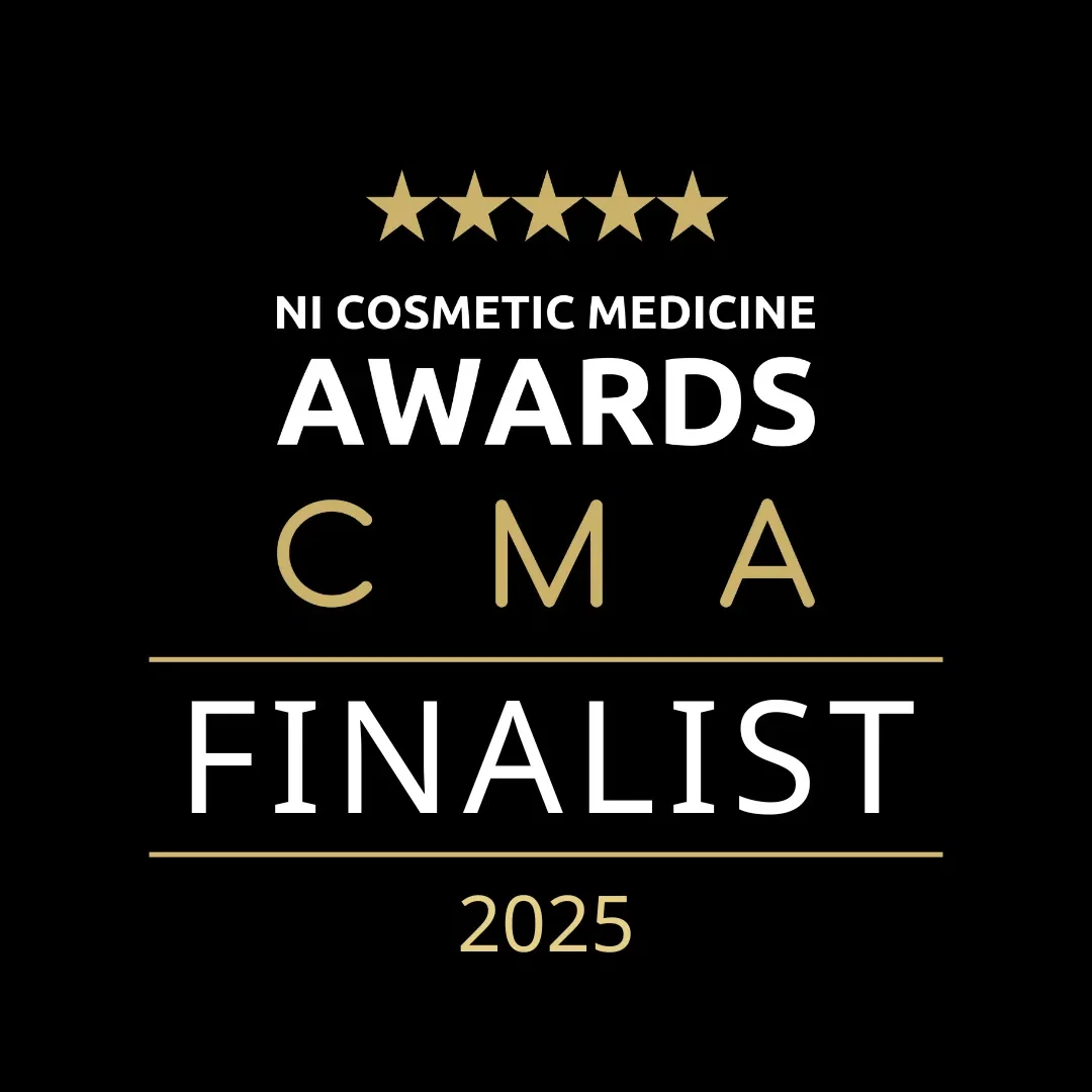 Black background with gold and white text and stars, indicating a finalist award for the 2025 NI Cosmetic Medicine Awards.
