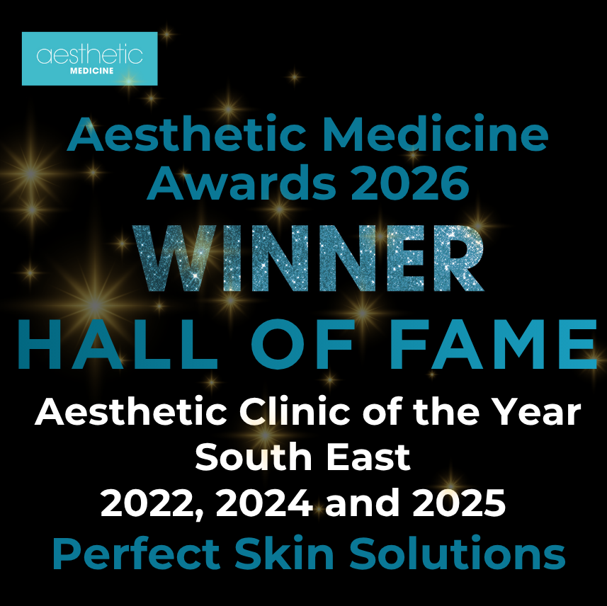 Award announcement for the 2026 Aesthetic Medicine Awards, Hall of Fame, by Desthetic Medicine, recognizing the Aesthetic Clinic of the Year for South East for the years 2022, 2024, and 2025, with a black background and golden star accents.