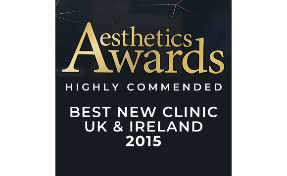 A poster for the Aesthetics Awards recognizes the UK & Ireland winner for Best New Clinic in 2015.