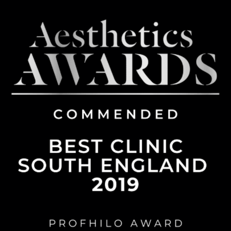 An award plaque recognizing a clinic as the best in South England in 2019, titled 'Aesthetics Awards' with the subtitle 'Commended' and the award name 'Profhilo Award'.