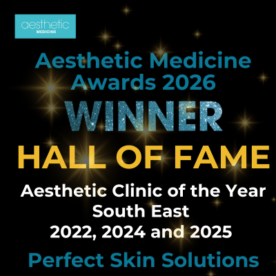 Award announcement for the 2026 Aesthetic Medicine Awards, Hall of Fame, by Desthetic Medicine, recognizing the Aesthetic Clinic of the Year for South East for the years 2022, 2024, and 2025, with a black background and golden star accents.