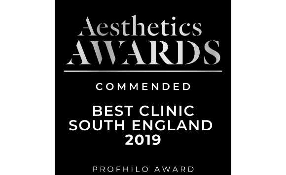 Black and white award plaque for the Aesthetics Awards, commendation for Best Clinic South England, 2019, Profhilo Award.