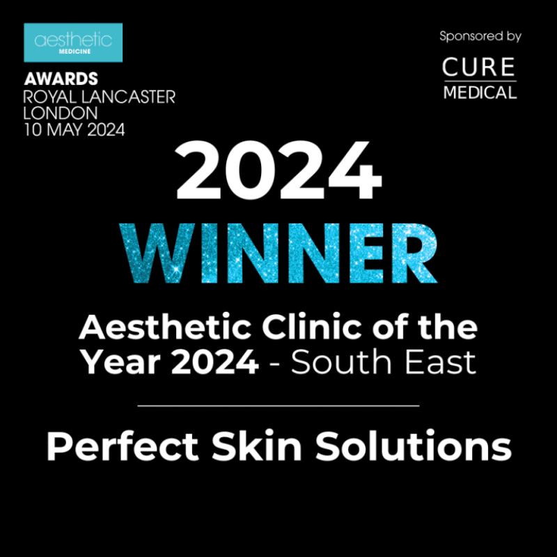 Award announcement for the 2024 Aesthetic Clinic of the Year - South East, with a blue and white text on a black background, sponsored by Cure Medical, presented at the Royal Lancaster in London on May 10, 2024.
