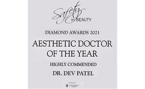 Certificate for Aesthetic Doctor of the Year at Diamond Awards 2021, highly commended Dr. Dev Patel, Safety in Beauty
