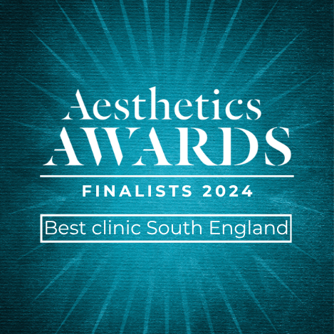 An award announcement poster with a glowing blue background, stating 'Aesthetics Awards, We are finalists 2024! Best clinic South England.'