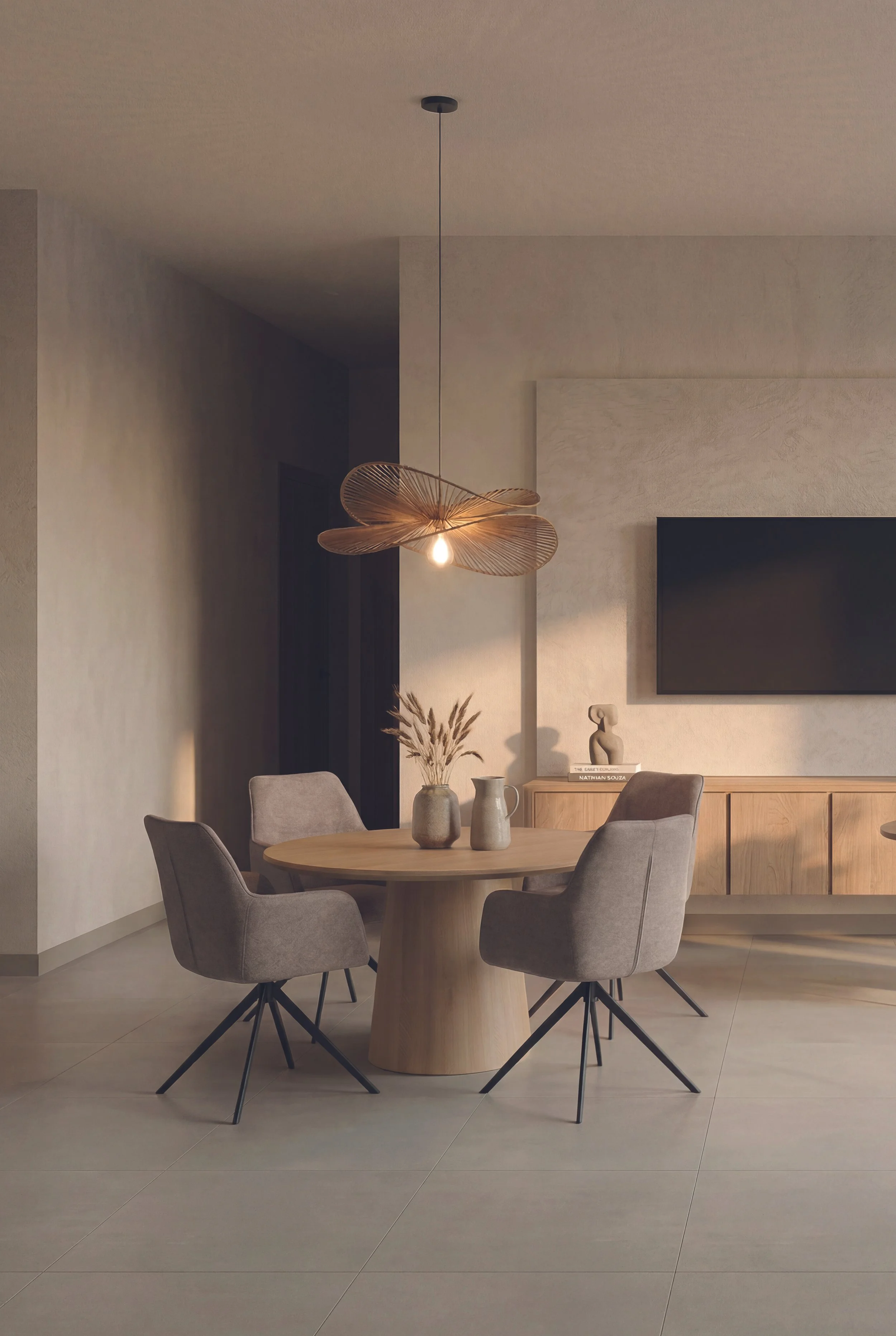 TEST Eettafel en eetkamerstoelen Cozy - ronde eettafel van 130 cm doorsnede met draaibare armstoelen. De eettafel is ook beschikbaar in Deens ovaal.