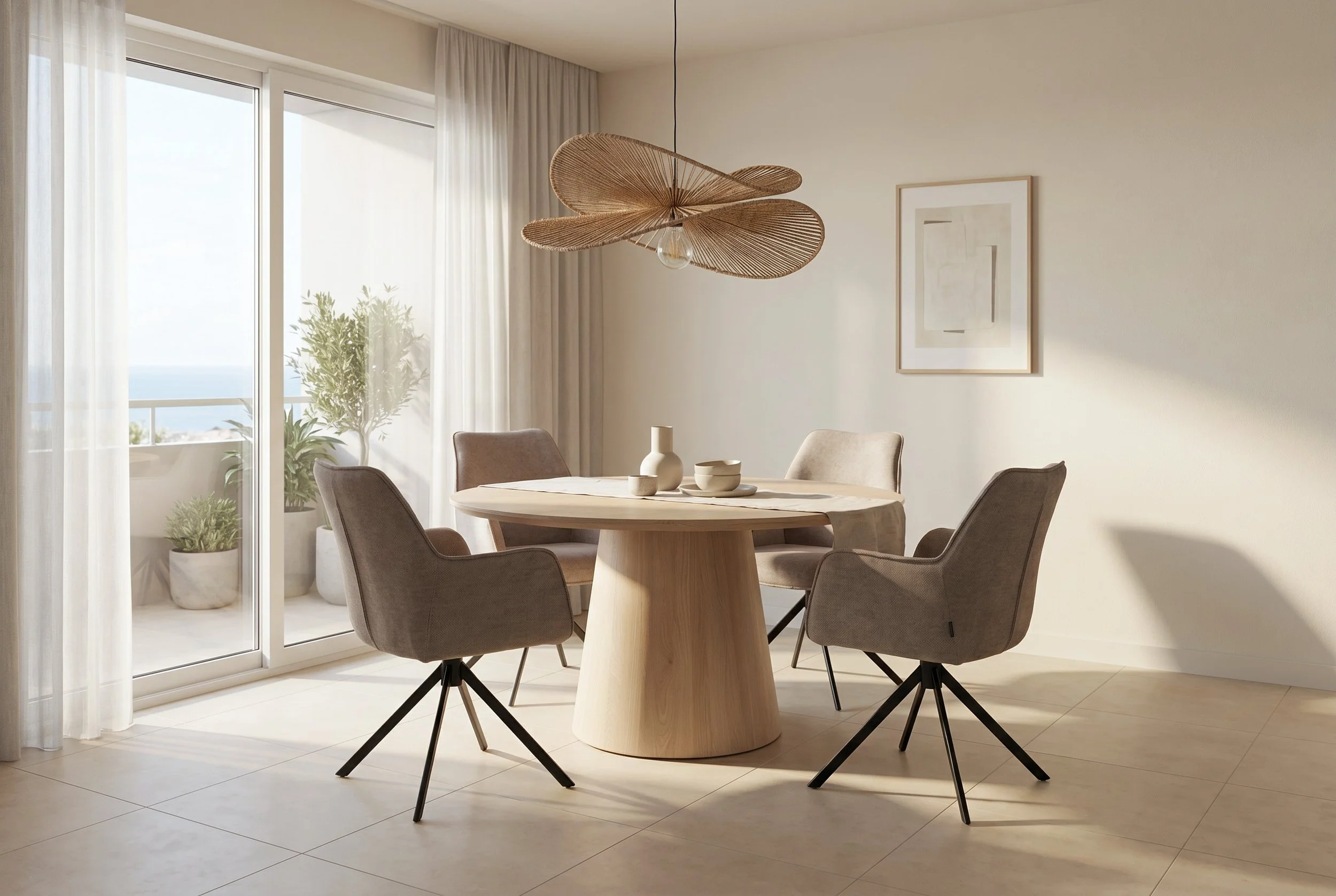 De ronde cozy eettafel (130 cm), gecombineerd met comfortabele draaibare armstoelen. Afhankelijk van de ruimte is de eettafel ook mogelijk in deens ovaal.