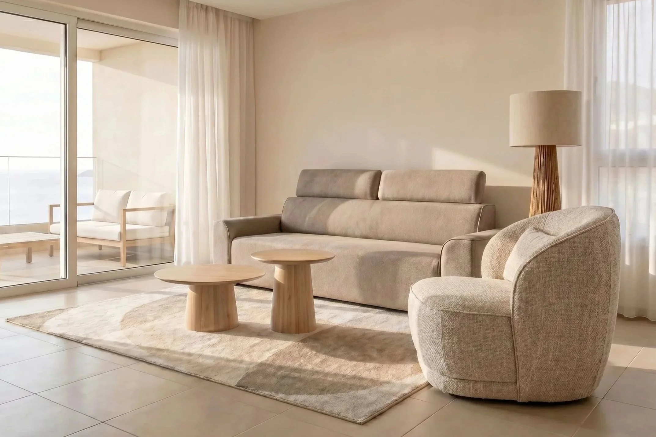 Een warme rustgevende samengestelde zithoek. Met bank, fauteuil, salontafels en een bijpassend vloerkleed.