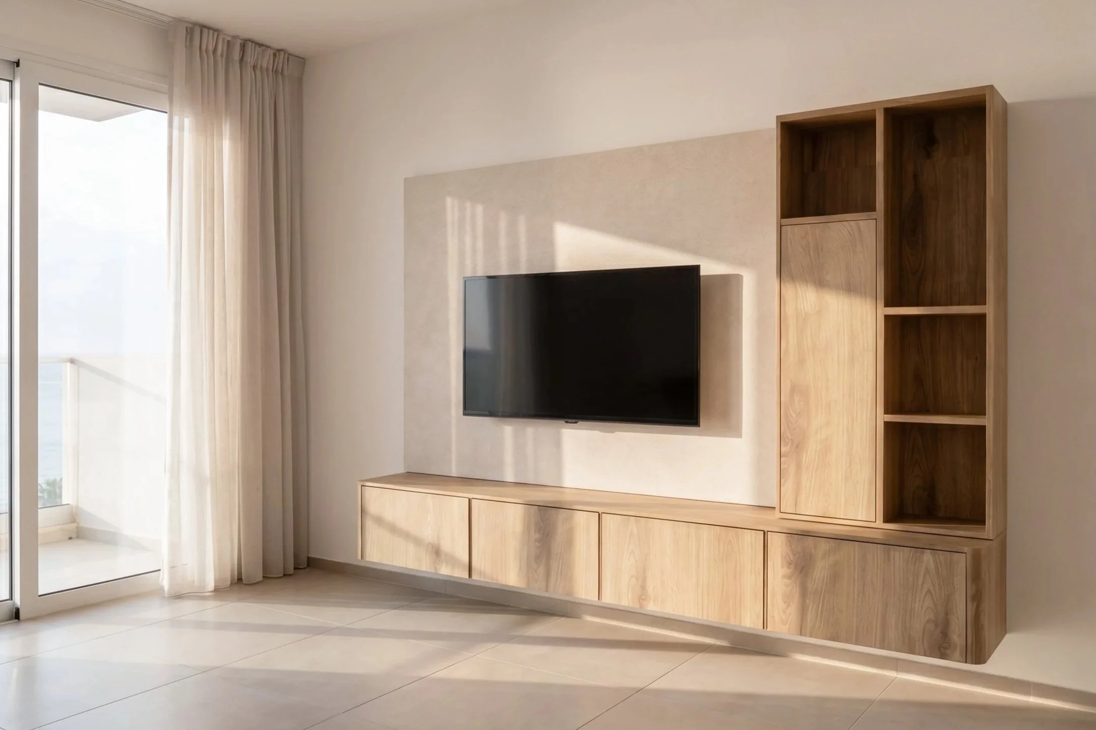 Tv meubel (260 cm) in licht hout met een linnenlook achterwand. Optimale opbergruimte en in spiegelbeeld mogelijk