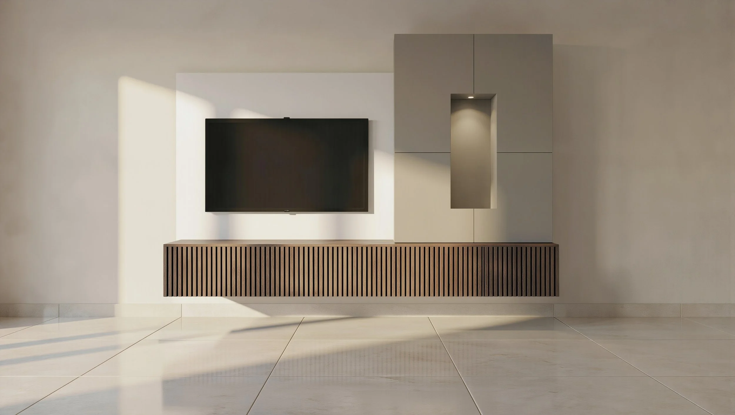Tv meubel (260 cm) warme hout gecombineerd met lichte moderne tint. Optimale opbergruimte en in spiegelbeeld mogelijk.