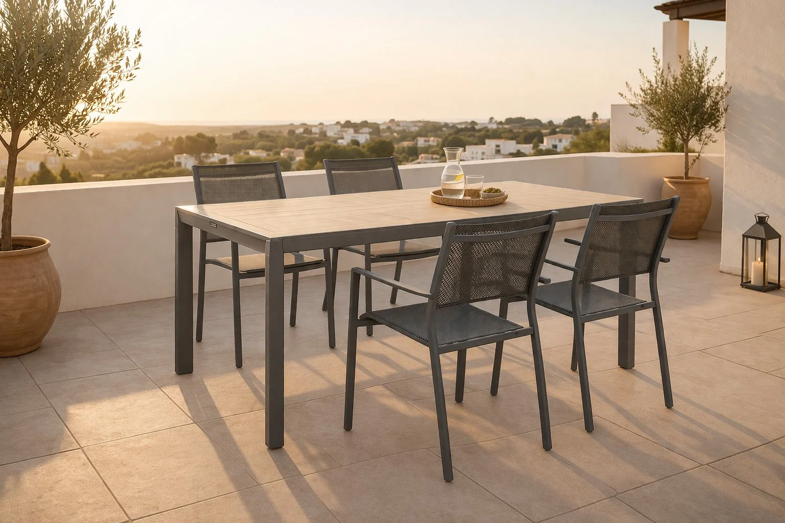 Ruimtelijk terras met zes zwarte tuinstoelen, een houten tafel met een karaf water en glas, omringd door pottende olijfbomen, bij zonsondergang met uitzicht op groene heuvels en witte huizen.