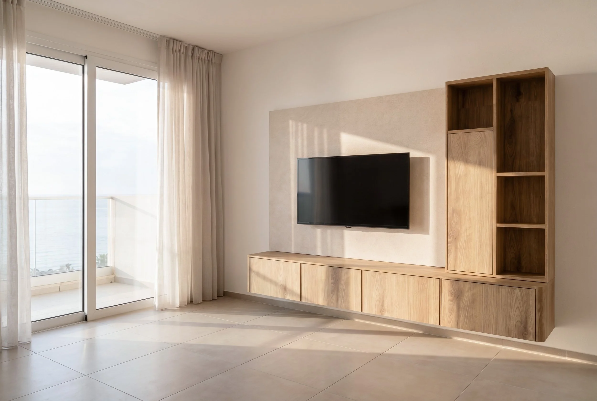 Tv meubel (260 cm) in licht hout met een linnenlook achterwand. Optimale opbergruimte en in spiegelbeeld mogelijk.