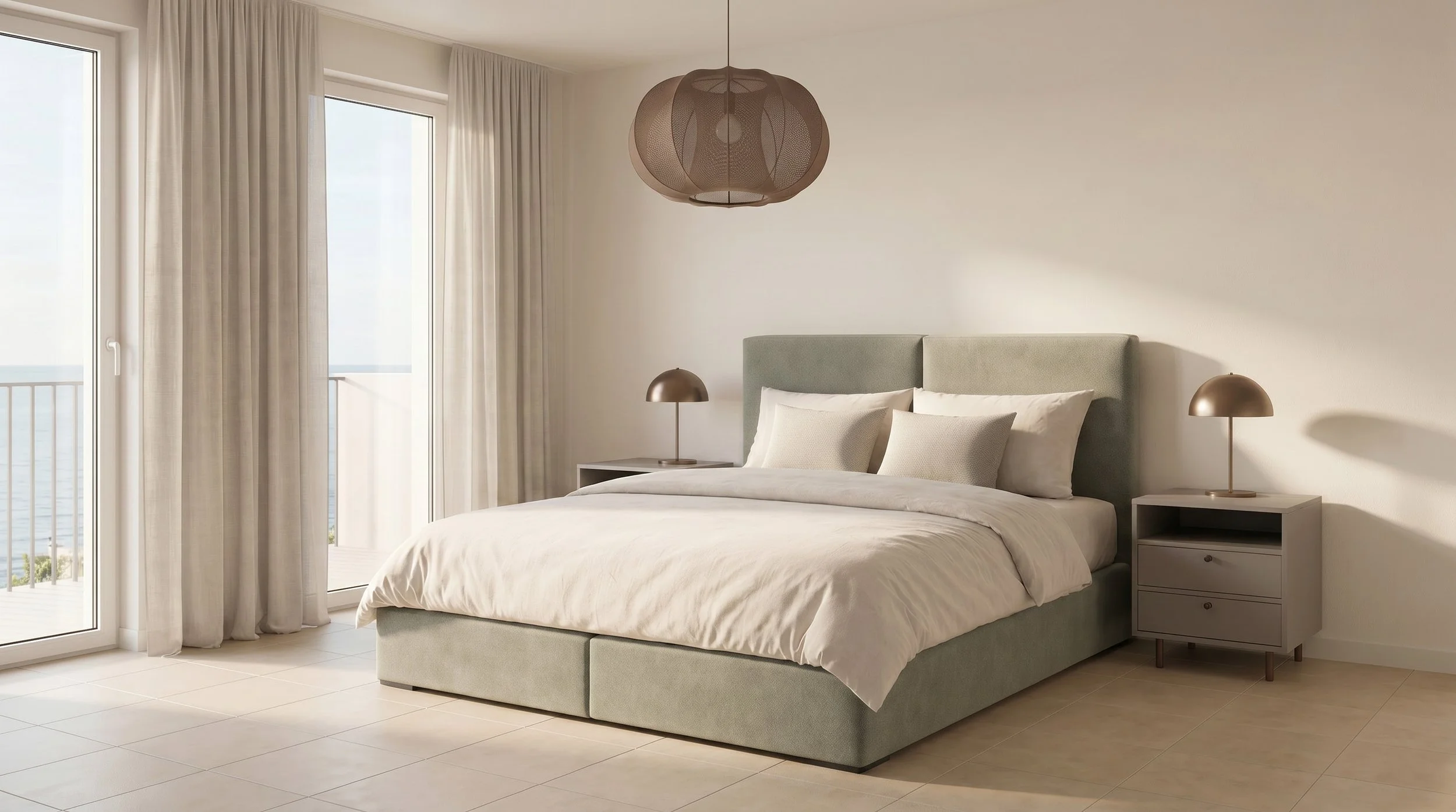 Een tweepersoons bed (160x200 cm) en twee keer een eenpersoons bed (90x200 cm) zitten standaard in het moderne meubelpakket. 
