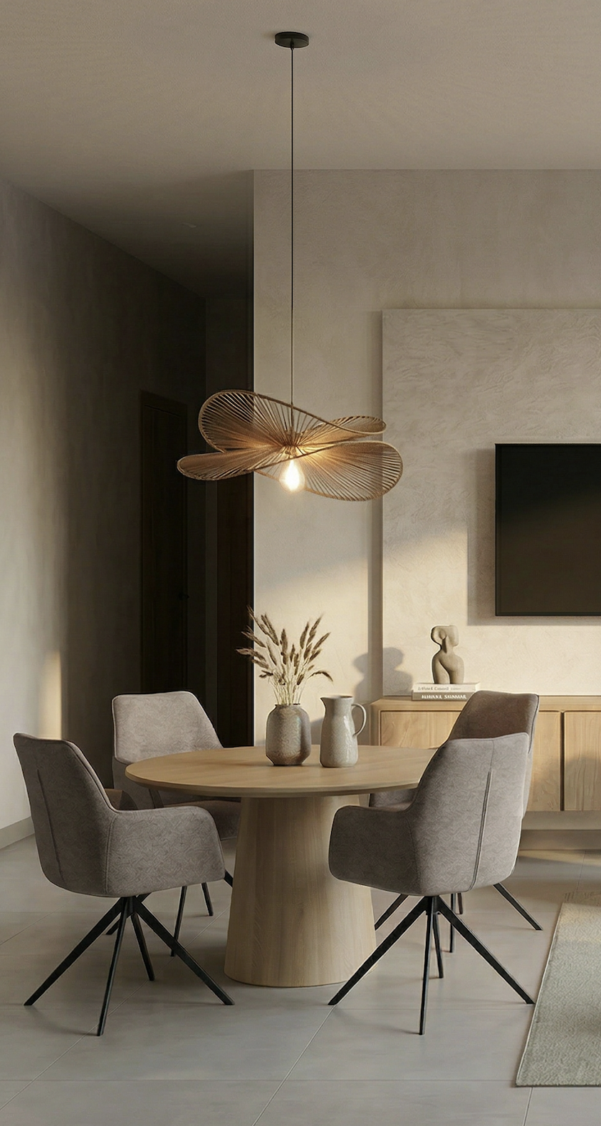 Interieur van een modern eetkamer met ronde houten tafel, vier lichtgrijze stoelen, vaas met gedroogde bloemen, en een houten dressoir met decoratieve objecten en een televisie. Verlichting met een ontwerp van bladeren hangt boven de tafel.