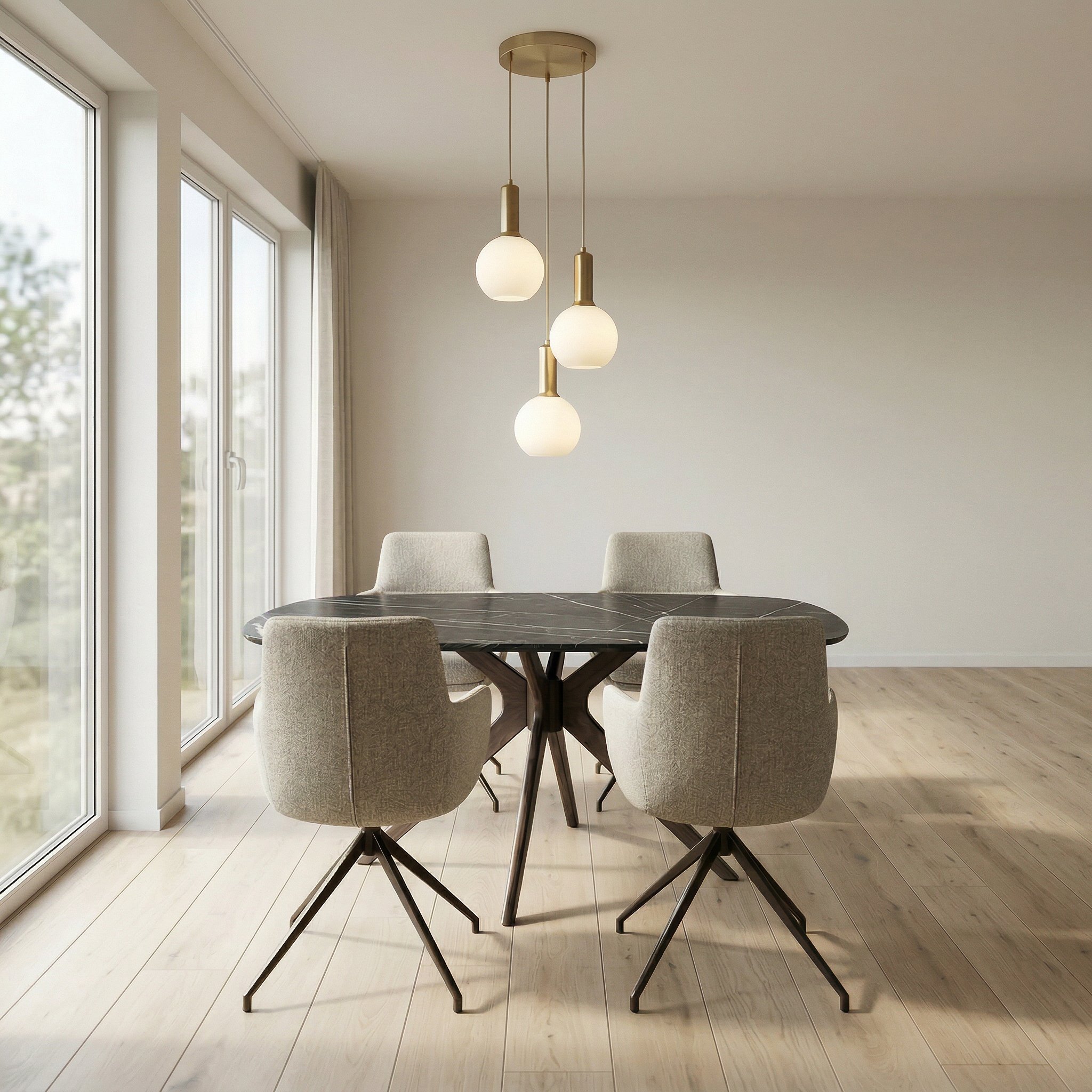 De modern deens ovale eettafel (160x90 cm), gecombineerd met comfortabele draaibare armstoelen.
