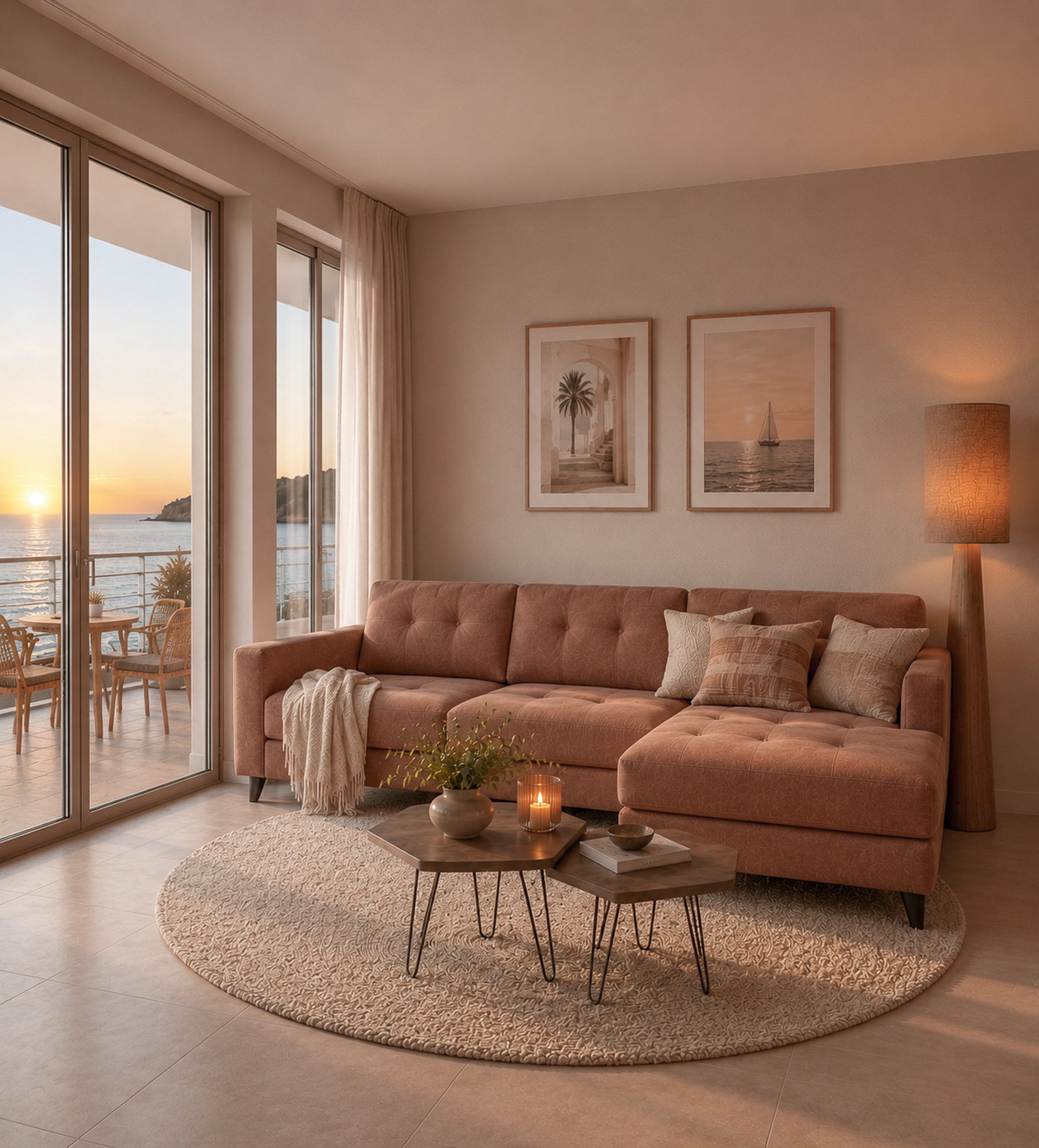 Een woonkamer met een ronde beige tapijt, een rustkleurige bank met kussens en een warm interieur. Er hangt kunst aan de muur, een lamp staat op de rechterkant en er is een groot raam met uitzicht op de zee en een zonsopgang of zonsondergang.