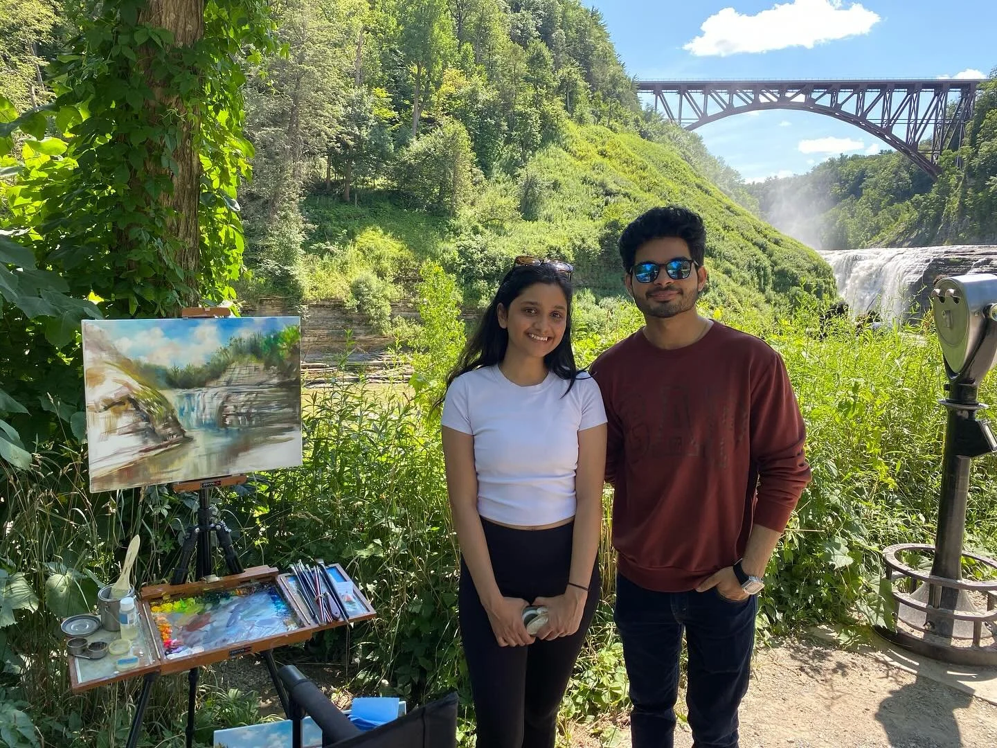 Today met Sam (on left from New York) and Shubham ( from Buffalo) while painting at a favorite spot the Upper Falls. The painting on the easel was started today and did sell today - it was a little more completed than shown in this photo. I met so ma