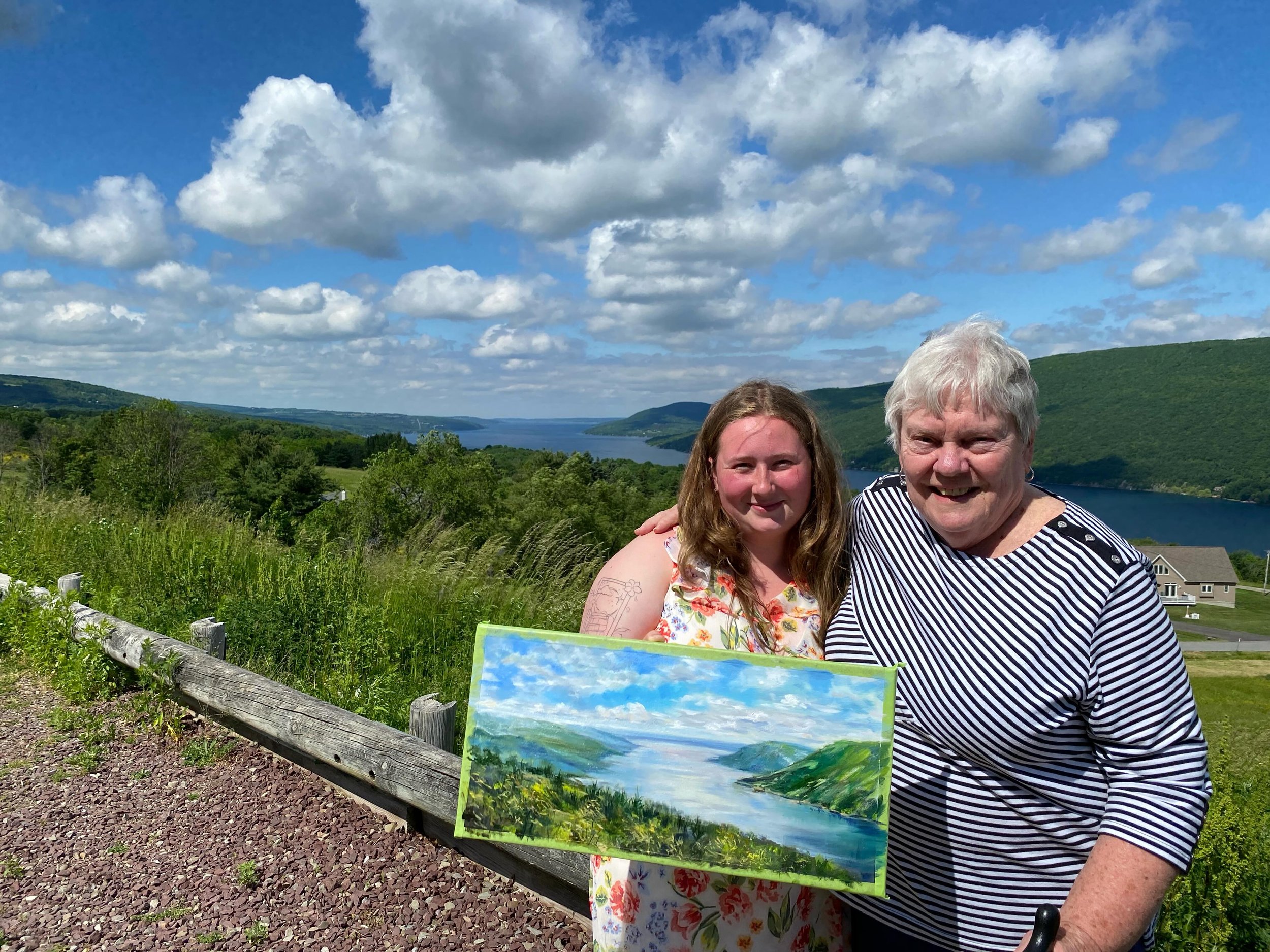 Jane and Ashley, owners of this Plein Air oil painting done today, at an overlook of Canandaigua Lake (Finger Lake), near Naples , NY. This painting took about 2 hours to make. If you&rsquo;re interested in learning some tips as to how I paint, don&r