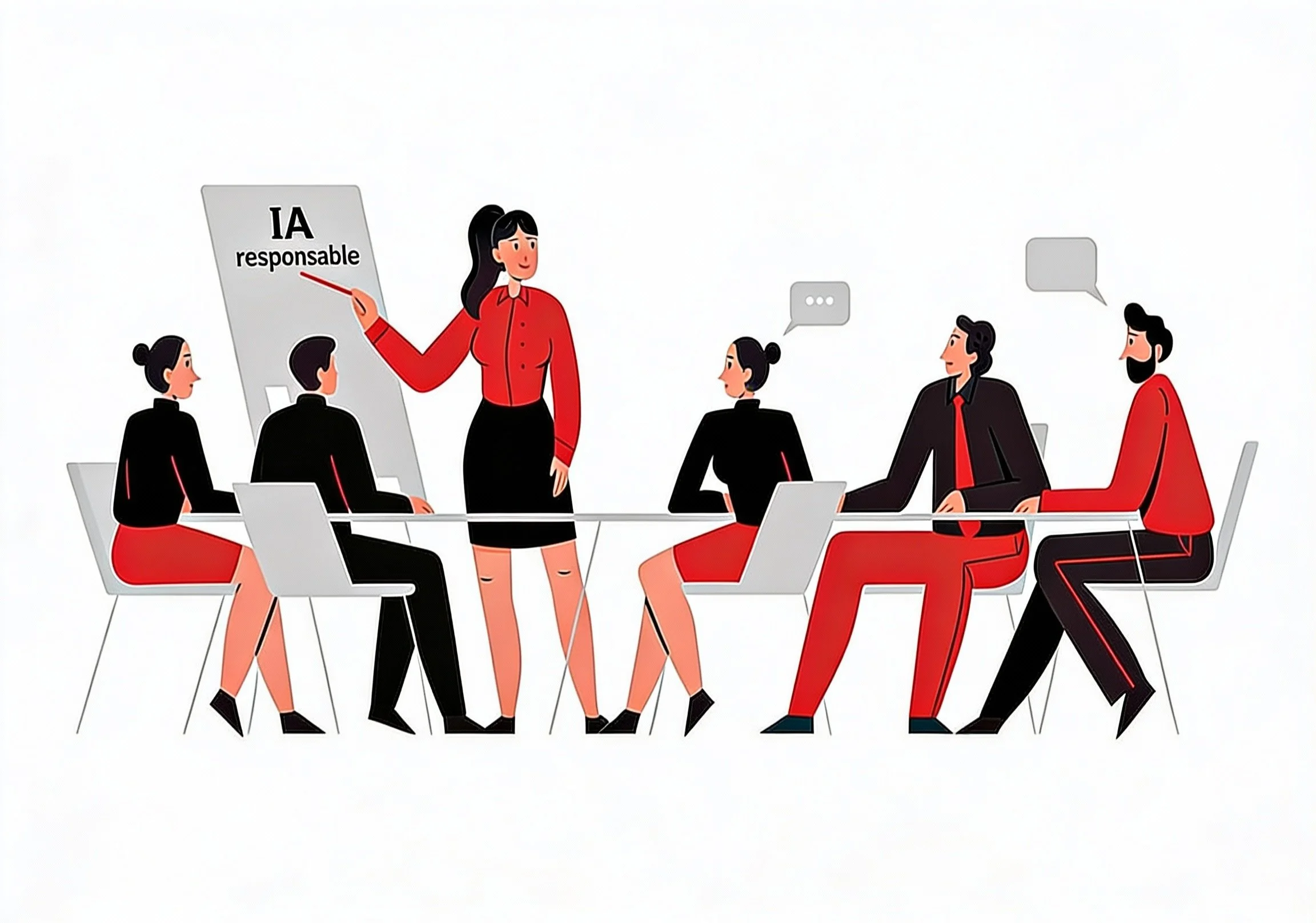 Une femme présente devant un groupe de cinq personnes lors d'une réunion, avec un tableau indiquant "IA responsable".