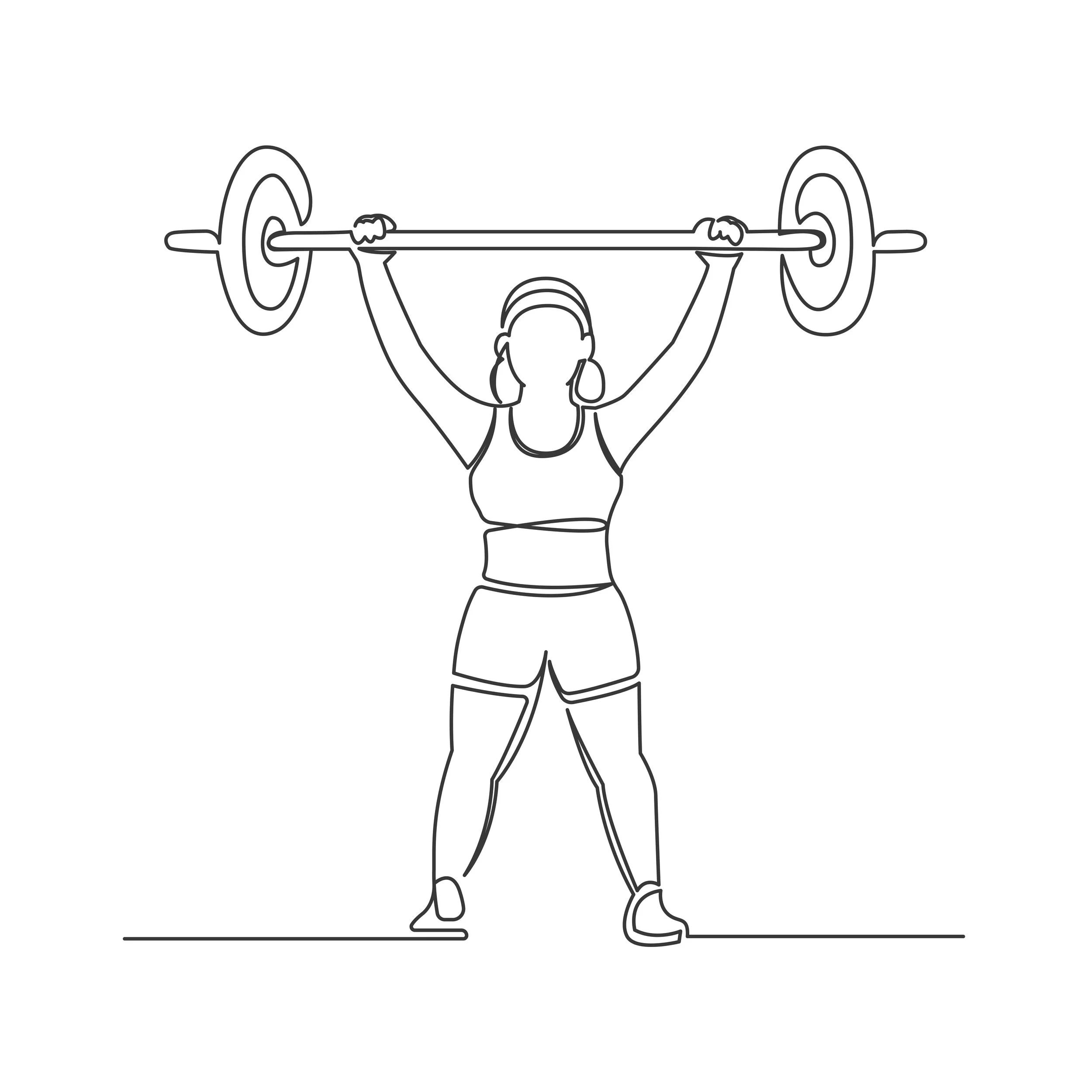 Line drawing of a person with short hair lifting a barbell above their head.